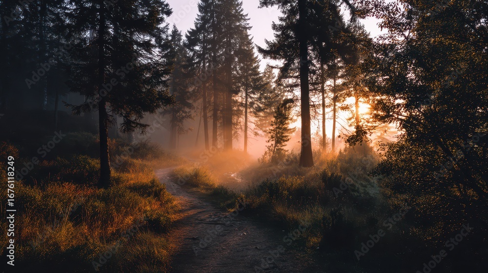 Fototapeta premium Misty Sunrise Over Forest Trail with Soft Light and Beautiful Atmosphere