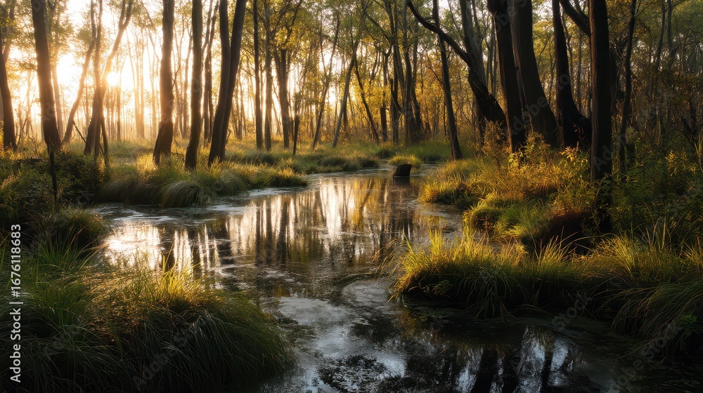Fototapeta premium Serene Swampy Wetlands Scene During Golden Hour with Reflections