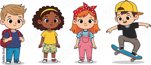 Cartoon kids with backpacks, playful children in colorful outfits, one skateboarding, others smiling, having fun together.