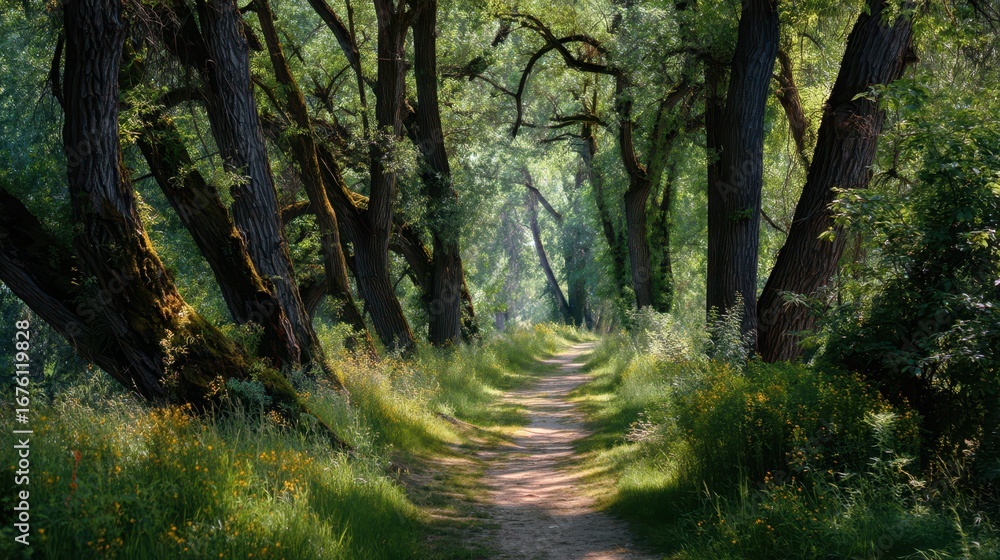 Fototapeta premium Peaceful Summer Pathway Through Lush Green Trees and Nature