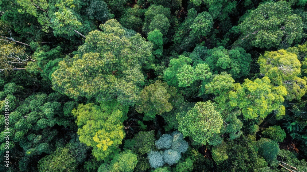 Naklejka premium Aerial View of Lush Green Forest Canopy Overhead Landscape