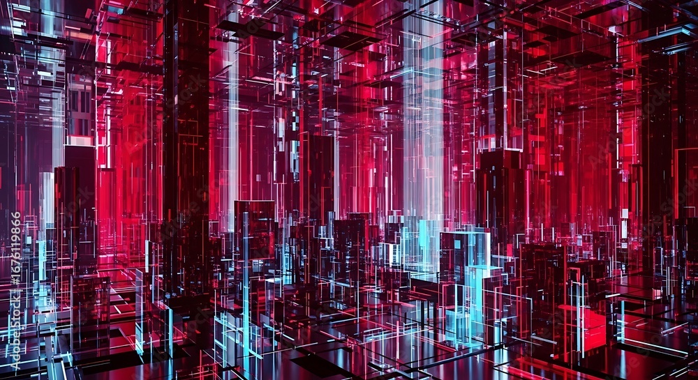 Fototapeta premium Abstract futuristic cityscape with glowing red and blue lights, digital art