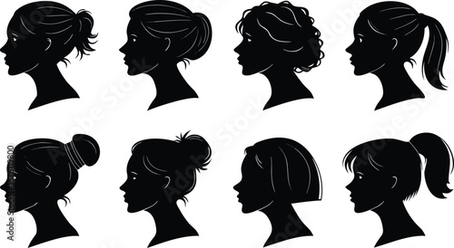 Vector art of collection of eight female silhouette hairstyles