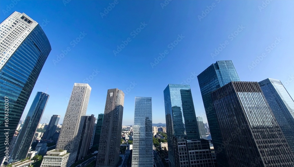 Obraz premium Modern skyscrapers reaching into a clear blue sky, showcasing a vibrant urban city skyline with towering glass and steel structures.