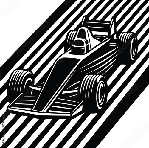 Vector art of a stylized black and white illustration of a formula 1 race car speeding forward with motion lines in the background, conveying speed and dynamism