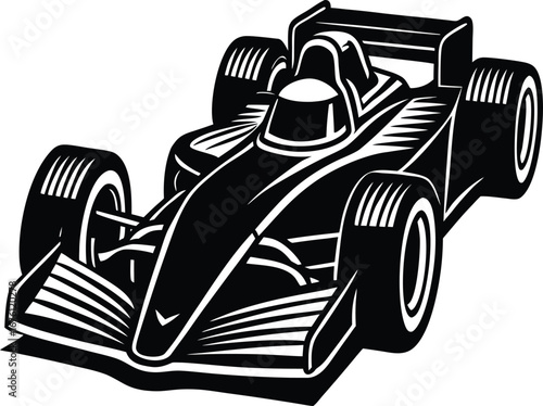 Vector art of a stylized black and white illustration of a formula 1 race car speeding forward with motion lines in the background, conveying speed and dynamism