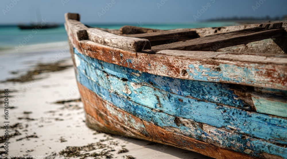 Fototapeta Weathered wooden fishing boat on a beach