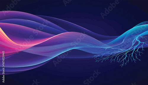 Abstract background with glowing colorful energy waves forming a neural network or root structure vector design