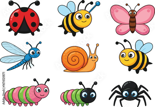 Colorful cartoon insects including ladybug, bee, snail, dragonfly, caterpillar, butterfly, and spider in playful and cute designs for kids.