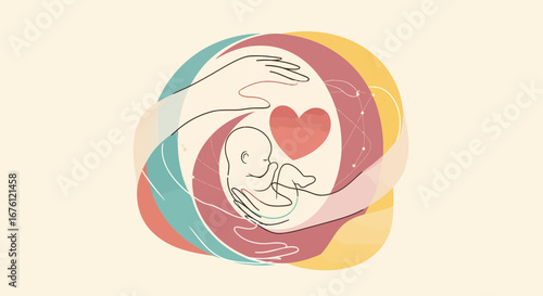 Hands Cradling a Baby, Abstract Illustration, Soft Colors, Nurturing Environment, Intimate Viewpoint