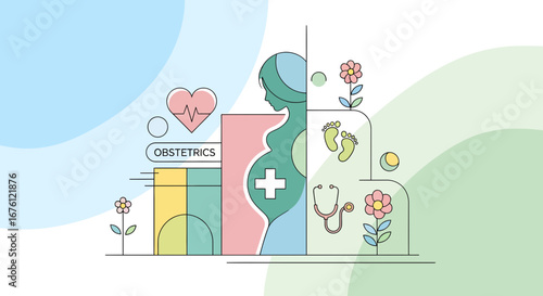 Obstetrics Focus on Maternal Care and Wellness, Graphic Illustration in a Vibrant Environment