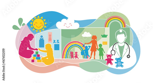 Health and Wellness Promotion, Children and Caregivers, Health Center, Illustration, Cheerful Environment, Colorful Viewpoint, Child Development Concept