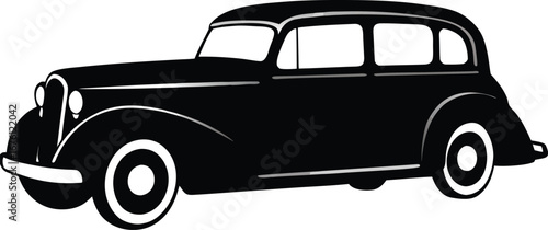 Vector art of stylized black silhouette of a classic sedan with whitewall tires, isolated on a