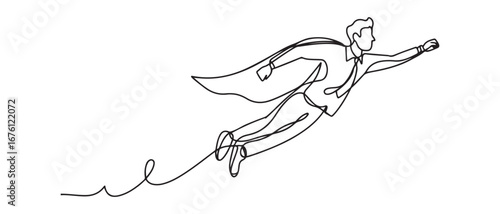 Continuous one line drawing of young handsome male worker fly using superhero wing. Success skyrocketed business manager minimalist concept. Vector black silhouette. with white background