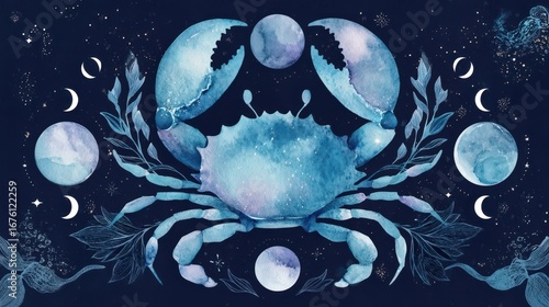 Watercolor Cancer Zodiac Design with Moon Phases and Crustacean