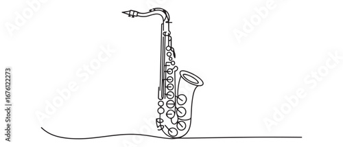 One continuous line drawing of classical saxophone. Wind music instruments concept. Vector black silhouette. with white background