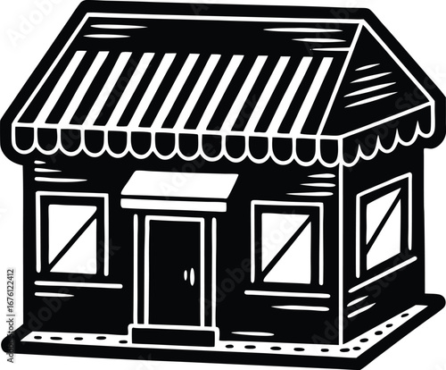 Vector art of black and white illustration of a small building with a striped awning over the windows and a door