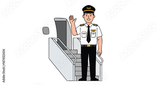 Pilot Waving Goodbye from the Airplane Stairs