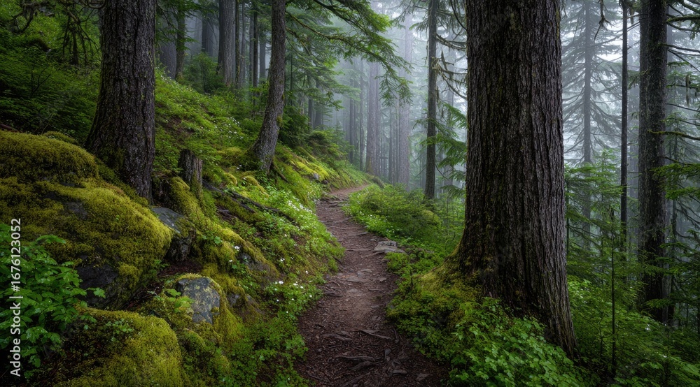 Obraz premium Misty mountain path through a lush forest