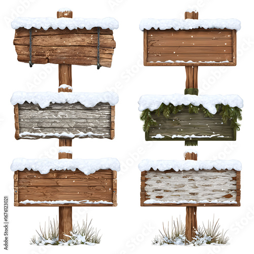 Winter wonderland: Collection of six snow-covered wooden signs on a black background