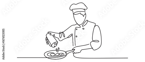 Single continuous line drawing of young confident handsome male chef throwing ingredient on pan while sauteing the food. Vector black silhouette. with white background
