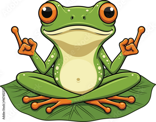 Cute cartoon frog sitting in a meditative pose on a leaf, showing peace signs with its fingers in a relaxed style.