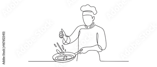 Single continuous line drawing of young confident handsome male chef throwing ingredient on pan while sauteing the food. Vector black silhouette. with white background