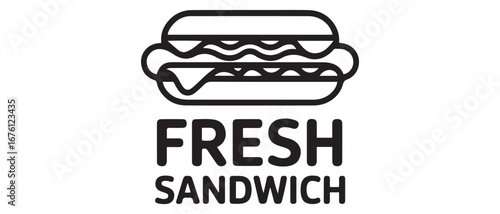 One single line drawing of fresh sandwich logo vector graphic art illustration. Hot dog fast food cafe menu and restaurant badge concept. Vector black silhouette. with white background
