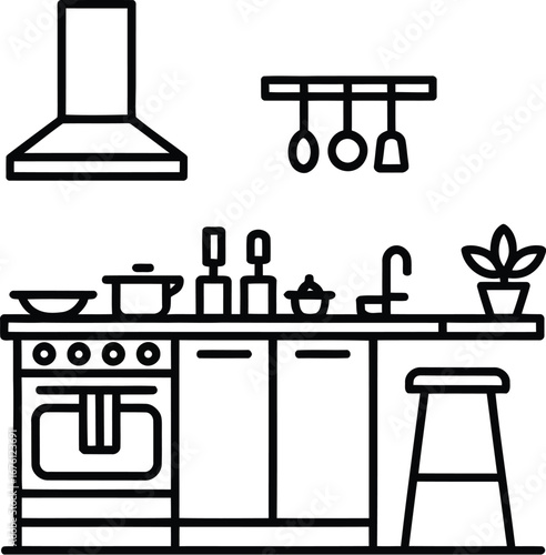 Kitchen interior design minimal style black and white outline art