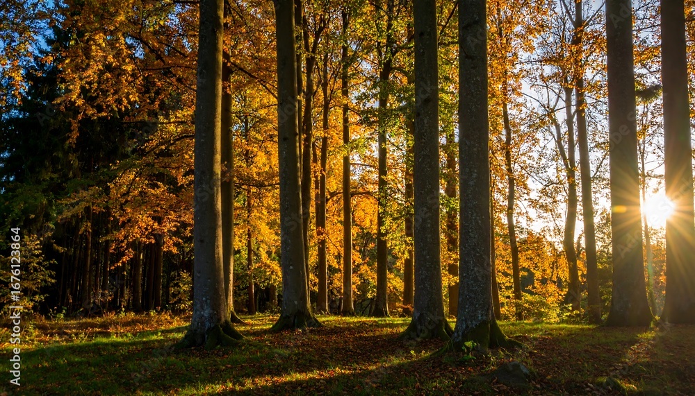 Fototapeta premium Autumn forest at sunset