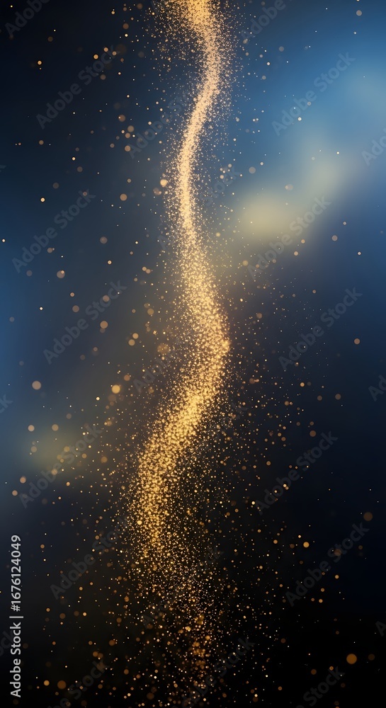 Fototapeta premium Golden sparkling dust trail curving upwards against a dark blue, ethereal background