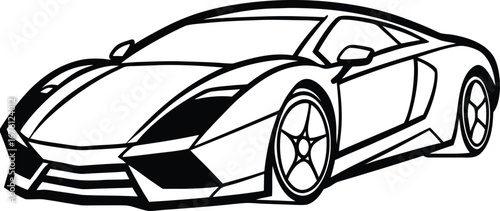 Vector art of clean black and white line drawing of a sleek, lowprofile sports car, isolated on a