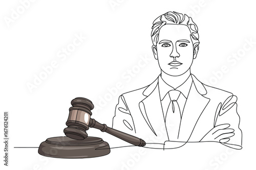 Continuous Line Drawing of a Judge and a Gavel | Vector Art for Law and Justice.