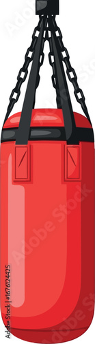 Red boxing punching bag hanging metal chains athletic fitness training equipment vector