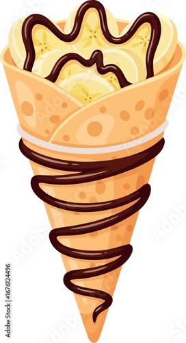 Delicious vanilla ice cream cone drizzled with chocolate syrup sweet treat vector