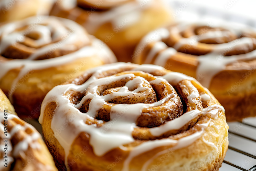 Fototapeta premium Delicious close up of freshly baked cinnamon rolls topped with creamy glaze perfect for baking inspiration