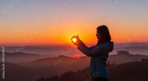 The woman making frame round the sun with her hands in sunrise,Future planning idea concept