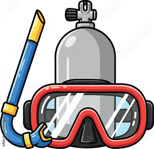 Colorful illustrated scuba diving equipment featuring mask tank snorkel and ready for underwater exploration