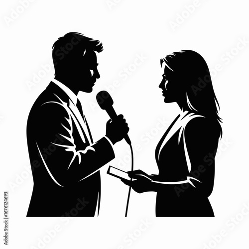 Silhouette of a male reporter interviewing a female subject with a microphone and notepad