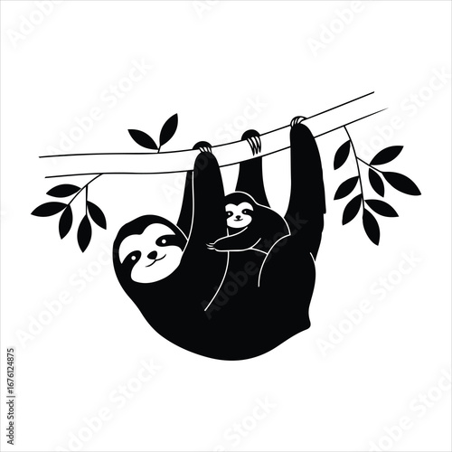 Cute mother and baby sloth hanging on a tree branch with leaves simple line art design