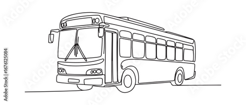 Single continuous line drawing city buses serving commuter employees and school students depart from their homes to their respective destinations. Vector black silhouette. with white background