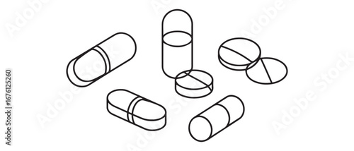Single one line drawing set of pills and capsules isometric icon. painkillers, antibiotics, vitamins and aspirin. Vector black silhouette. with white background