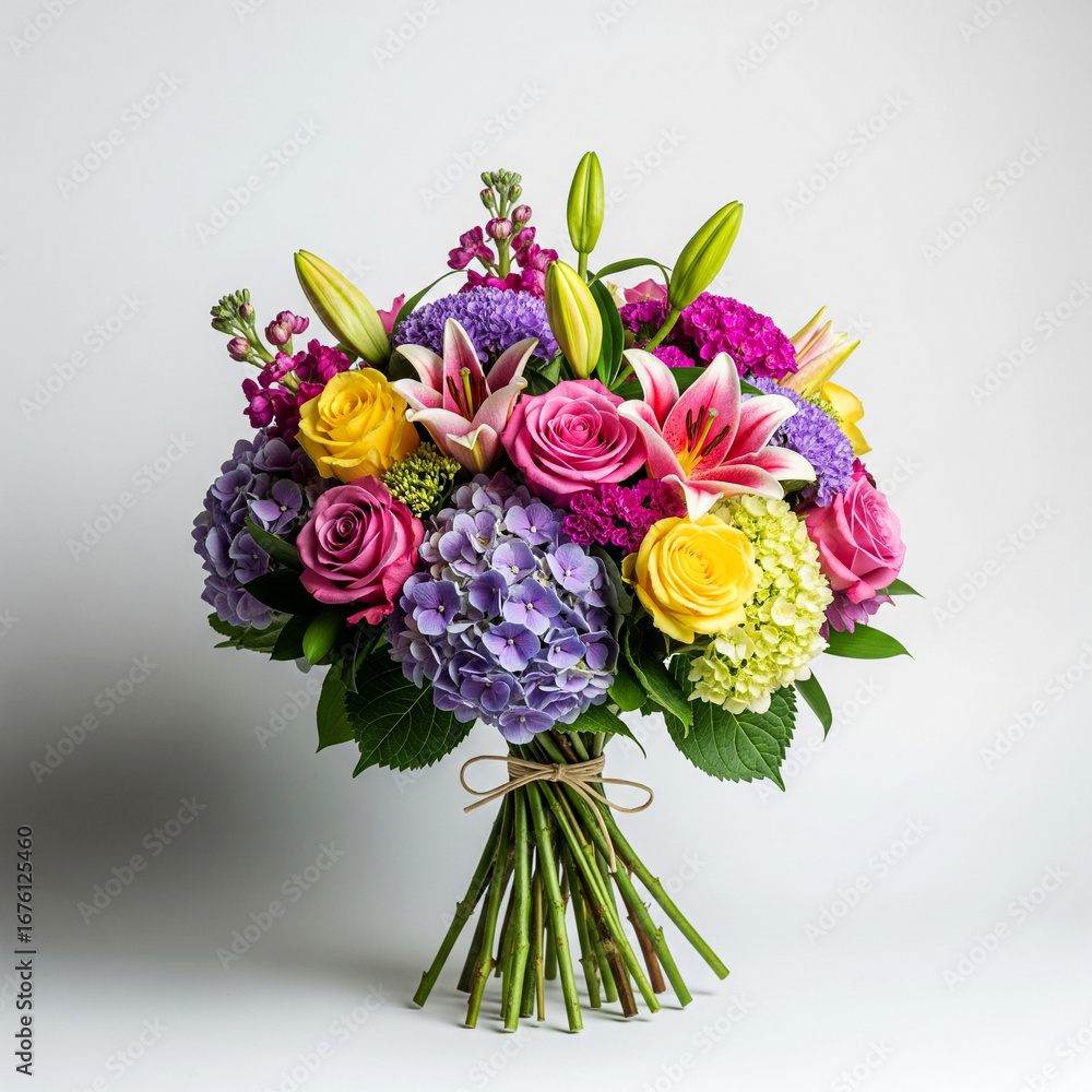 Fototapeta premium Vibrant Bouquet of Roses, Lilies, and Hydrangeas on a White Background