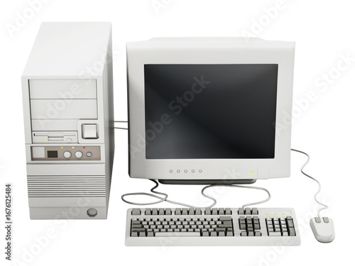 Generic vintage 90's style computer on transparent background. 3D illustration