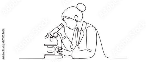 One continuous line drawing of female scientist researching antibiotic formula using microscope to find covid vaccine. Vector black silhouette. with white background
