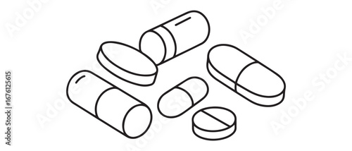 Single one line drawing set of pills and capsules isometric icon. painkillers, antibiotics, vitamins and aspirin. Vector black silhouette. with white background