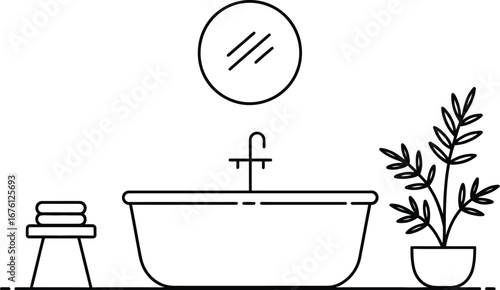 Minimalist bathroom interior design with bathtub and plant art