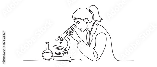 One continuous line drawing of female scientist researching antibiotic formula using microscope to find covid vaccine. Vector black silhouette. with white background