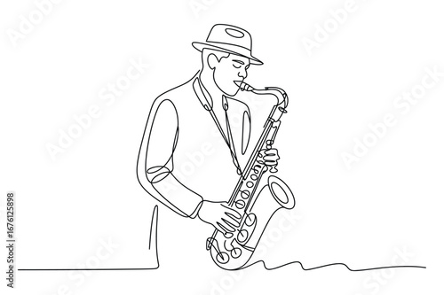 Continuous Line Drawing of a Man Playing a Saxophone | Vector Art for Jazz and a Musician.