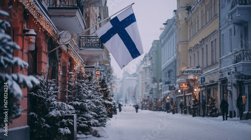 Finnish Flag on a Snowy Street in Helsinki